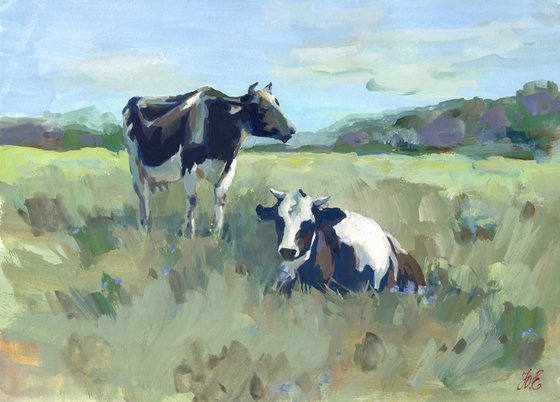 Black and white cows in the meadow, gouache painting