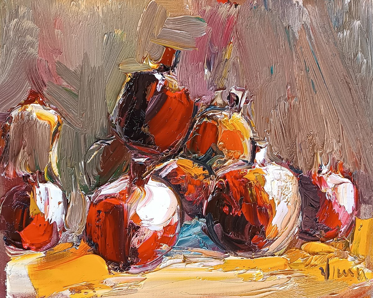Impressionistic Botanical Oil Painting By Vlas Ayvazyan, 12 X 9", Pomegranates, Original Artwork