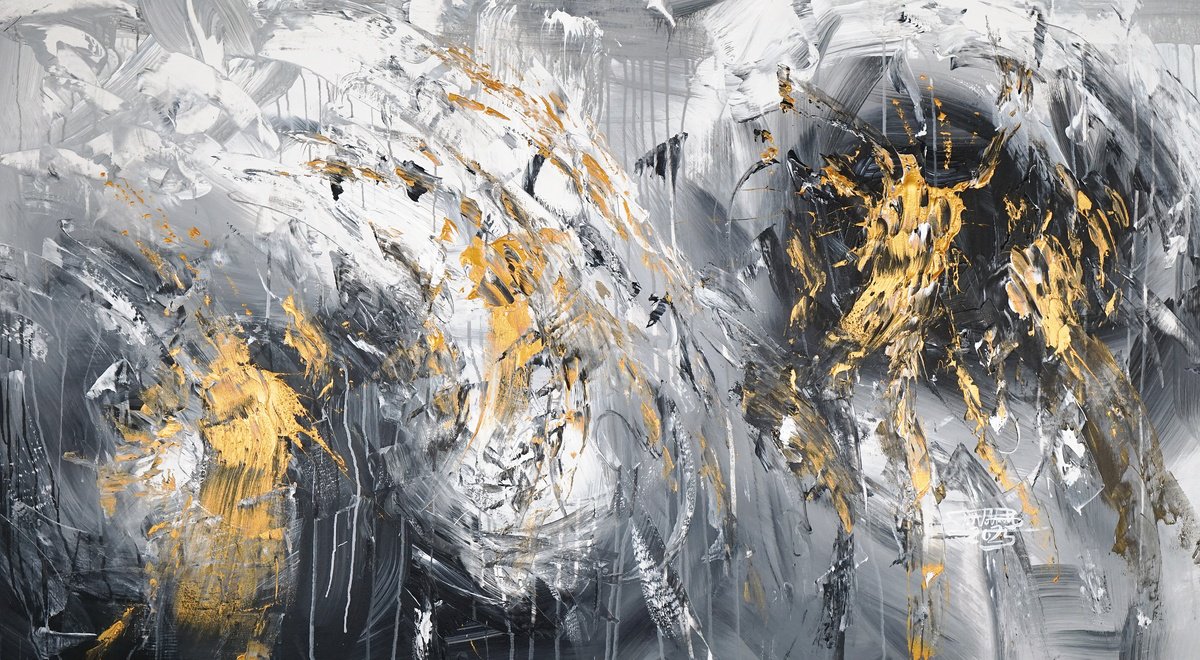 Abstract Acrylic Painting By Peter Nottrott, 61 X 33", Symphony In Gold C 1, Original Artwork