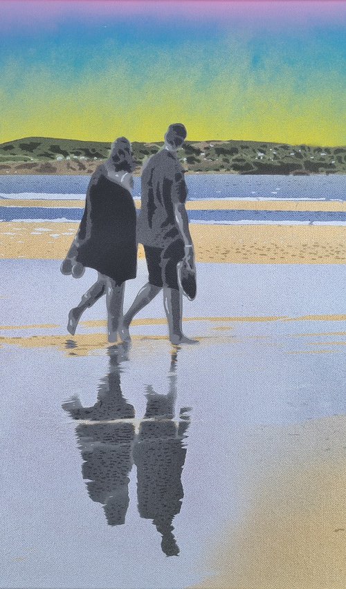 "Low Tide" - Contemporary vibrant golden seascape sunset spray paint Urban Graffiti Pop Art Banksy style artwork depicting couple walking on Blackrock Beach looking across Dublin Bay to Howth Head. by Johnman