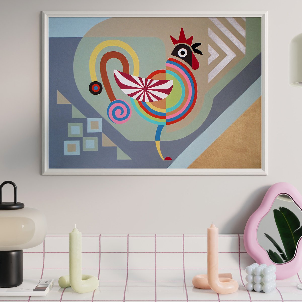 Urban And Pop Animal Acrylic Painting By Lanre Adefioye, 28 X 20", Wake-Up Call, Original Artwork