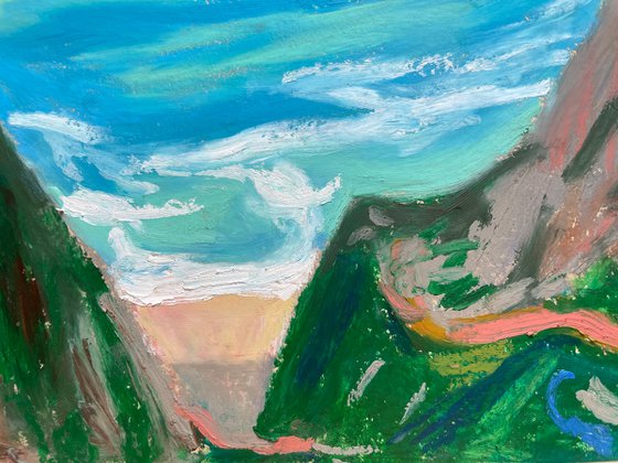 Sea Original Painting, Portugal Landscape Oil Pastel Drawing, Coastal Wall Art