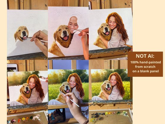 Personalized dog and owner oil portrait