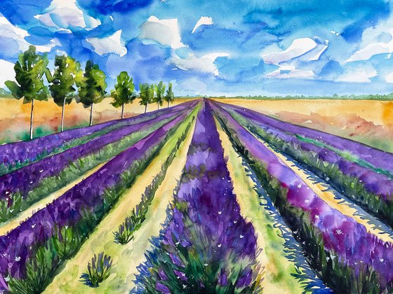 Lavender Original Watercolor Painting, Large Landscape Artwork, Purple Wall Art, France Picture