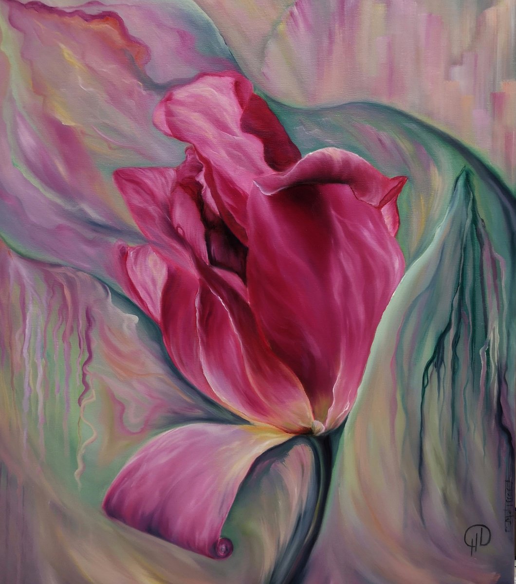 Rainbow Tulip, oil painting, original gift, home decor, Flowering, Spring, Leaves, Living... by Natalie Demina