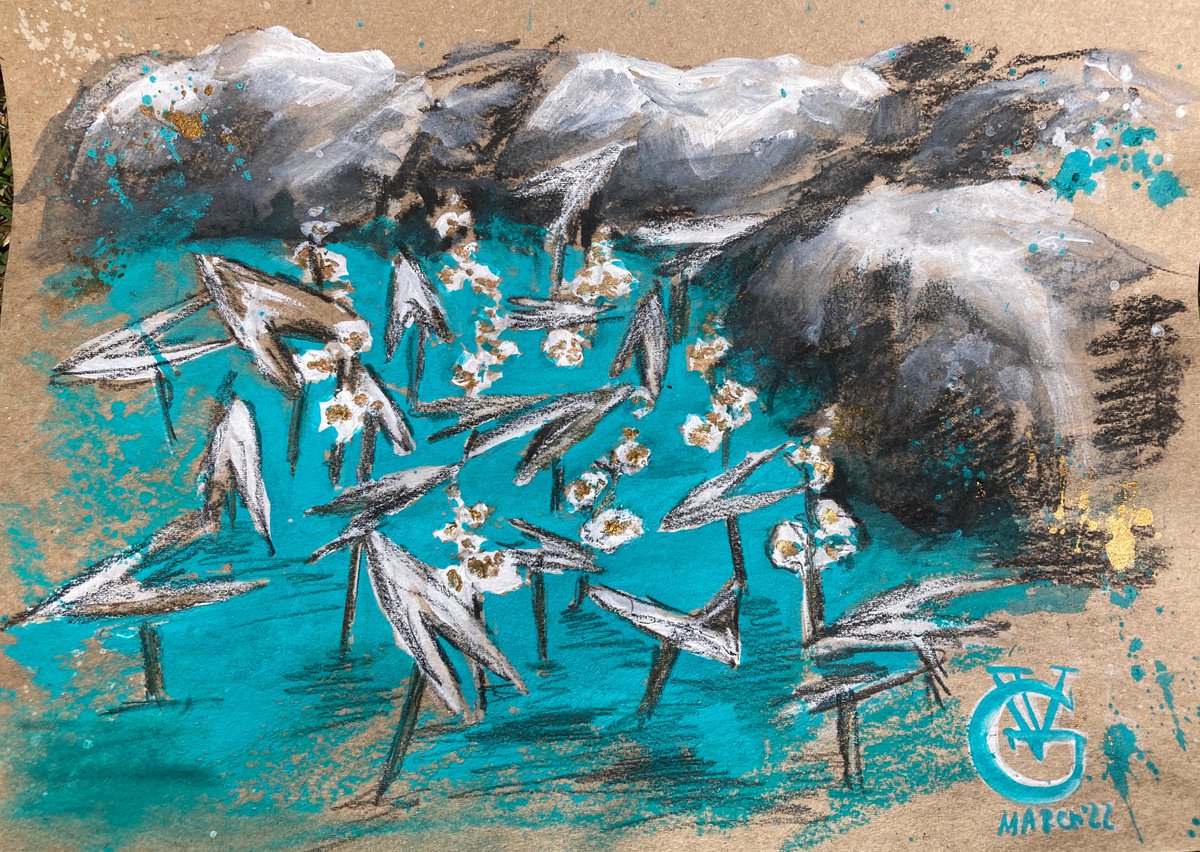 Impressionistic Botanical Drawing By Valeria Golovenkina, 12 X 8", Water Lilies In Teal 6, Original Artwork