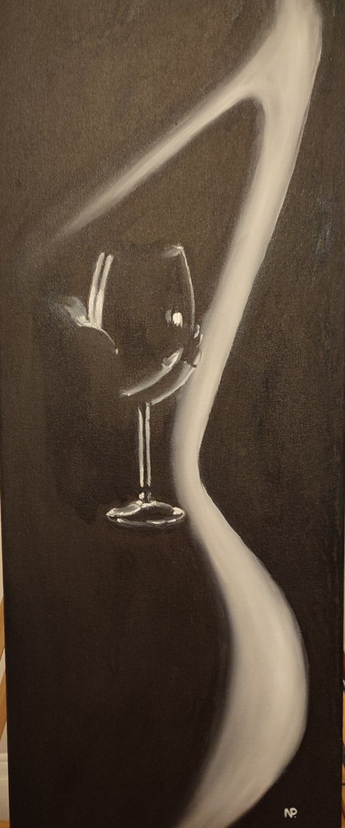 Lonely night, original erotic monochrome oil painting, gift art by Nataliia Plakhotnyk