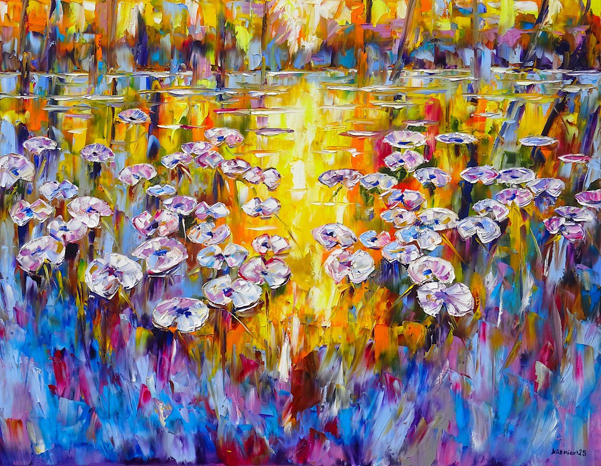 Expressive Botanical Oil Painting By Mirek Kuzniar, 35 X 28", Summer At The Water Lily Pond, Original Artwork
