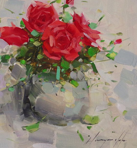 Vase of Roses, Oil painting, One of a kind, Signed, Handmade artwork