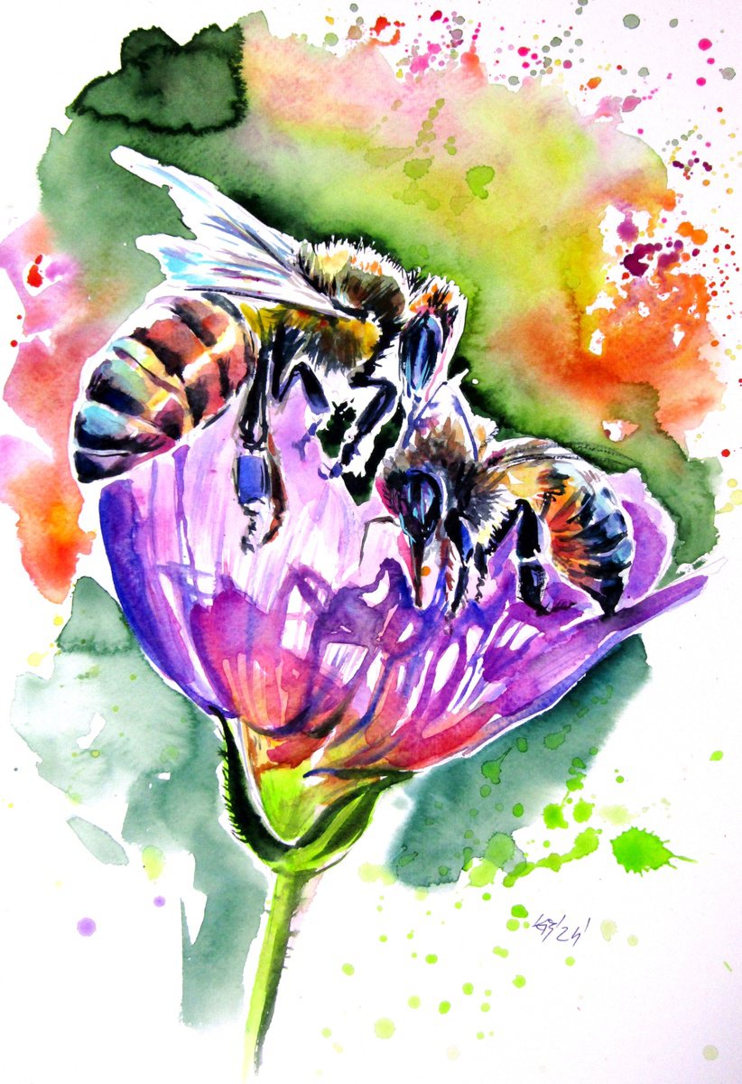 Impressionistic Animal Watercolour By Kovacs Anna Brigitta, 10 X 15", Bees And Flowers Ii, Original Artwork