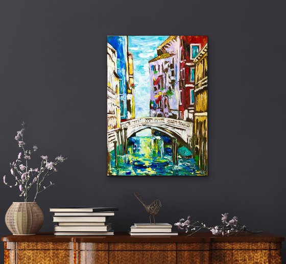 VENICE CANAL BRIDGE. PALETTE KNIFE OIL PAINTING. OFFICE URBAN WALL ART