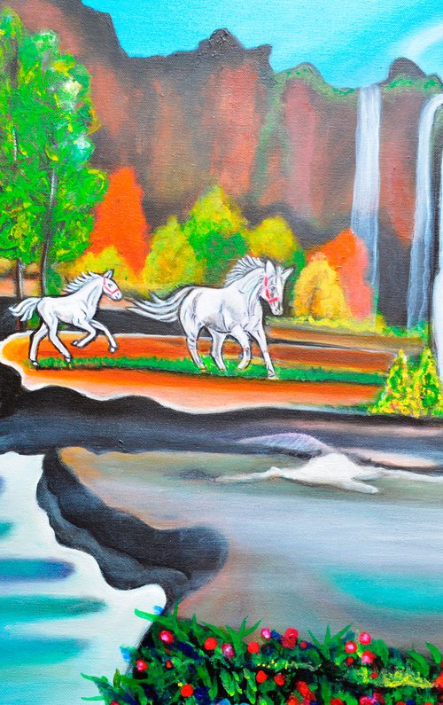 Landscape with Waterfall horses and Garden by Manjiri Kanvinde
