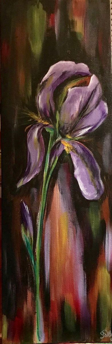 Impressionistic Botanical Acrylic Painting By Carolyn Shoemaker (Soma), 10 X 30, Inlustris Iris, Original Artwork