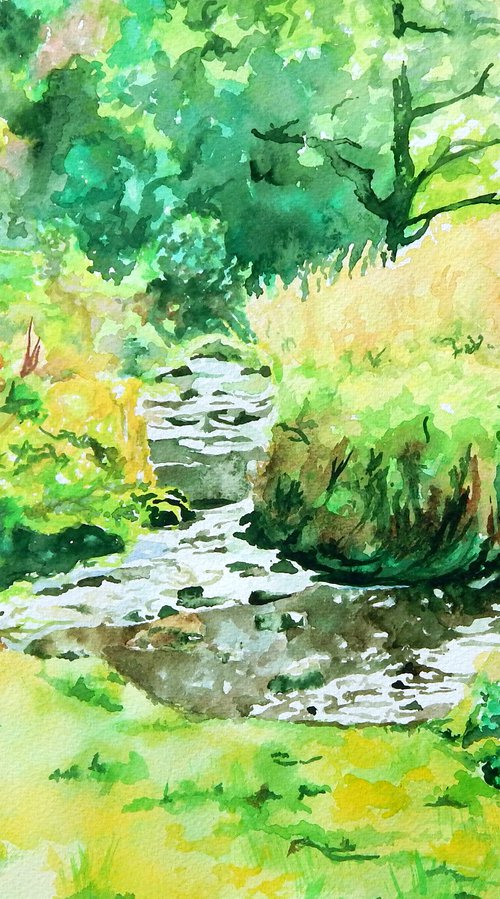 Freshwater stream watercolour by Richard Freer