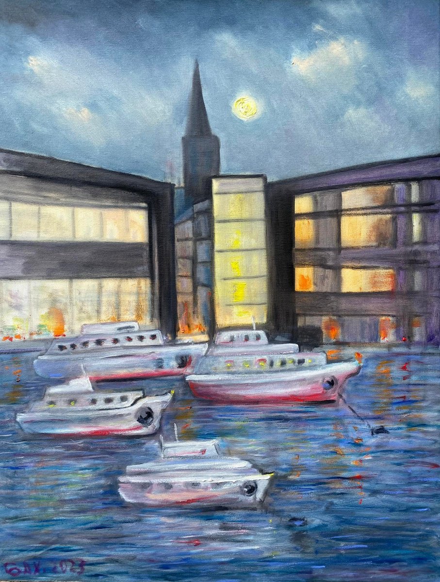 Urban And Pop Oil Painting , Night Boats No. 2 By Leo Baxiner, 24 X 31, Artwork For Sale On Artfinder