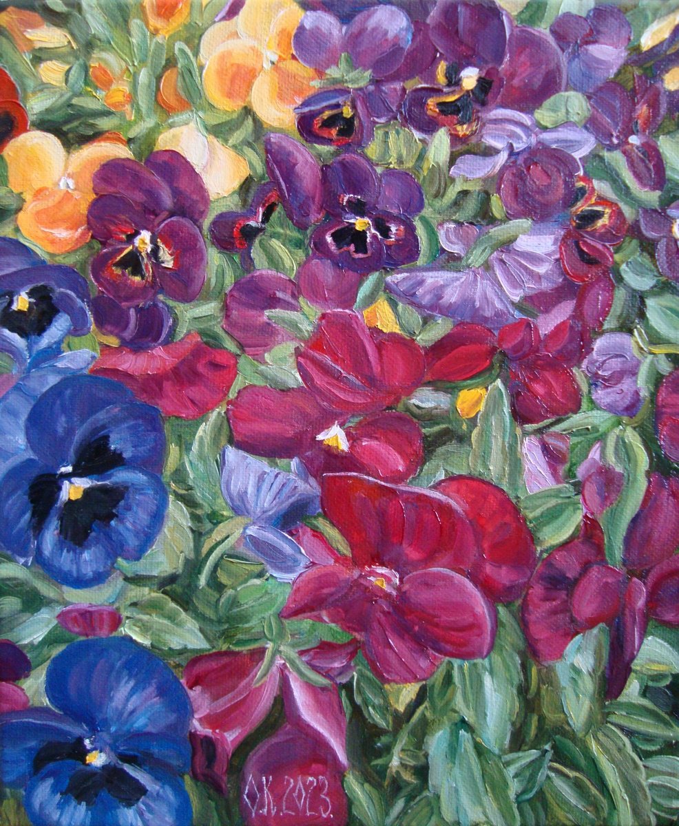 Impressionistic Botanical Oil Painting By Olga Knezevic, 10 X 12", Heartsease, Original Artwork