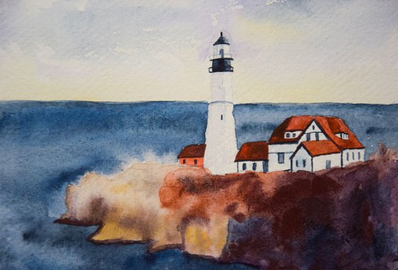 Lighthouse original watercolor painting on craft paper, sea and rocks, hygge home decor