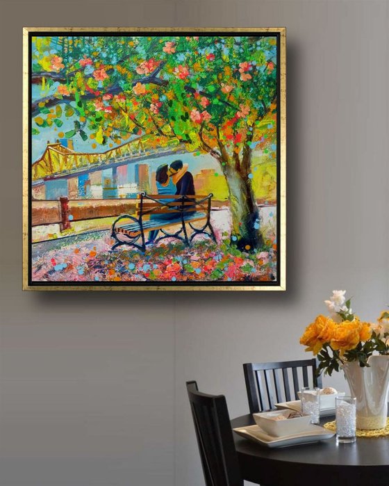 Roosevelt Island New York City Original Acrylic Painting on Canvas, Large Size Wall Art, NYC Cityscape with a Love Couple, Spring Blossoms Tree in New York, New York Scene