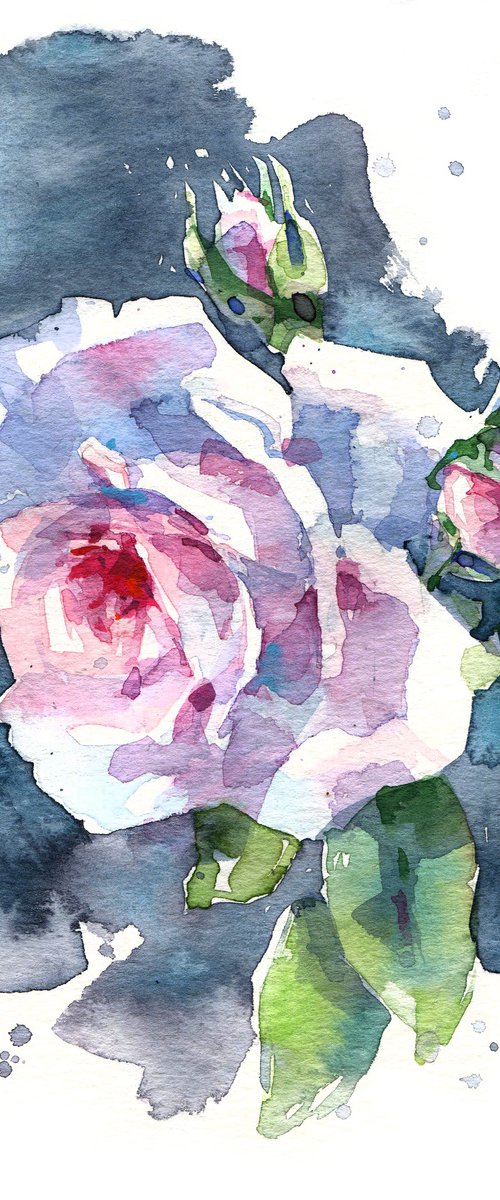 "Glow" - watercolor sketch of a light rose on a gray background by Ksenia Selianko