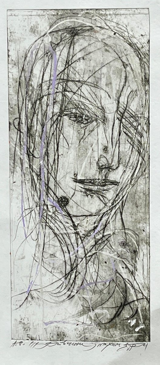 Expressive Portrait Acrylic Painting By Eduard Belsky, 6 X 14, Girl, Original Artwork