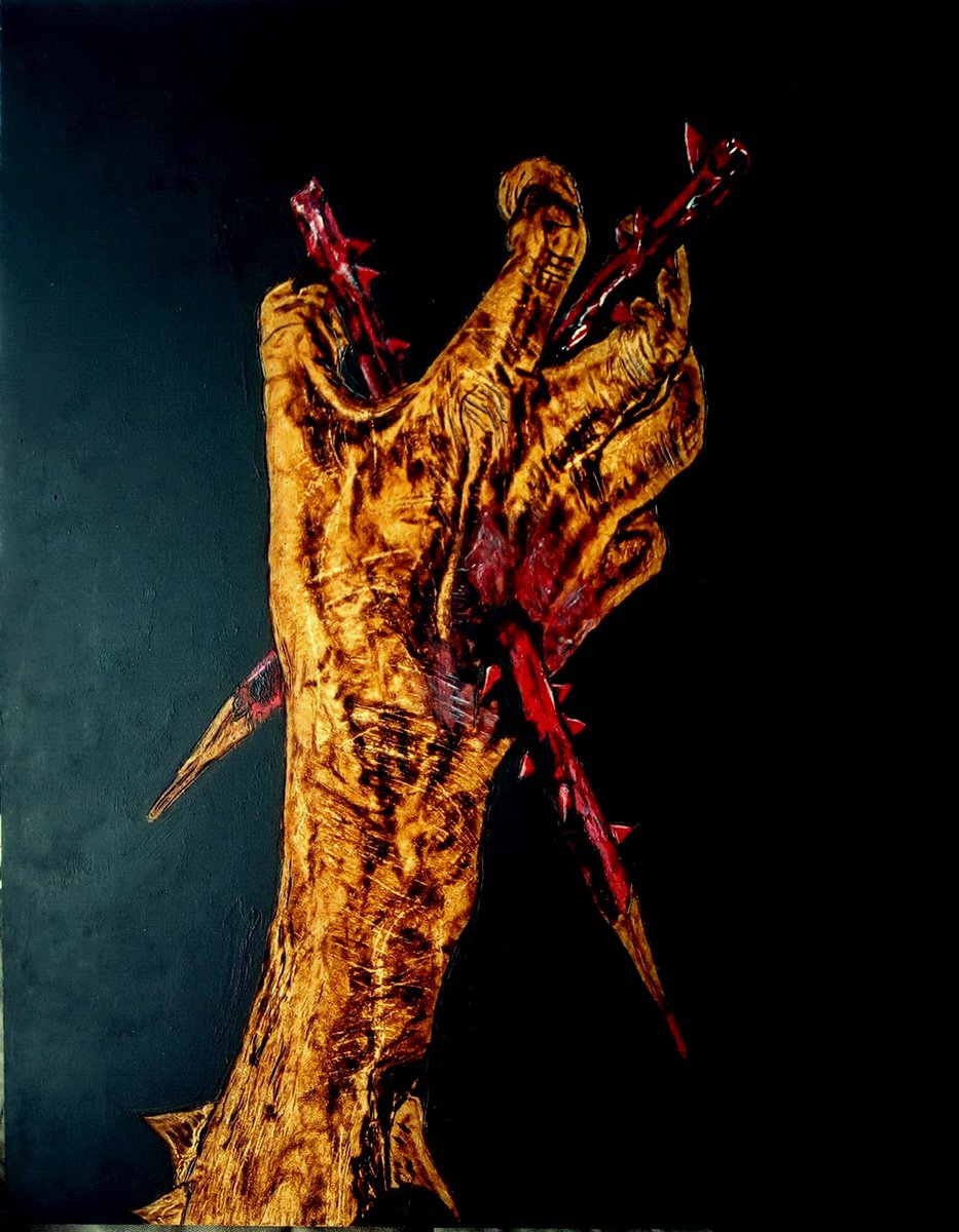 Expressive Portrait Painting By Milis Pyrography, 14 X 18", Sharp Words, Original Artwork