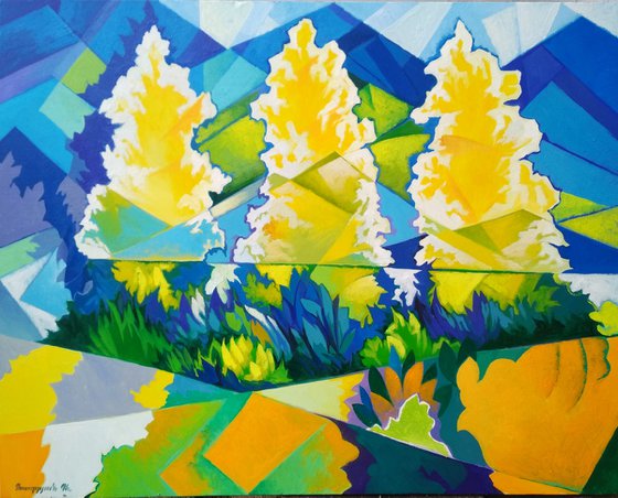 Three trees (60x80cm, cubism, oil painting, ready to hang)
