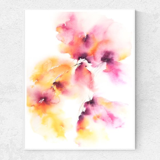 Delicate floral painting, watercolor loose flowers Spring spirit