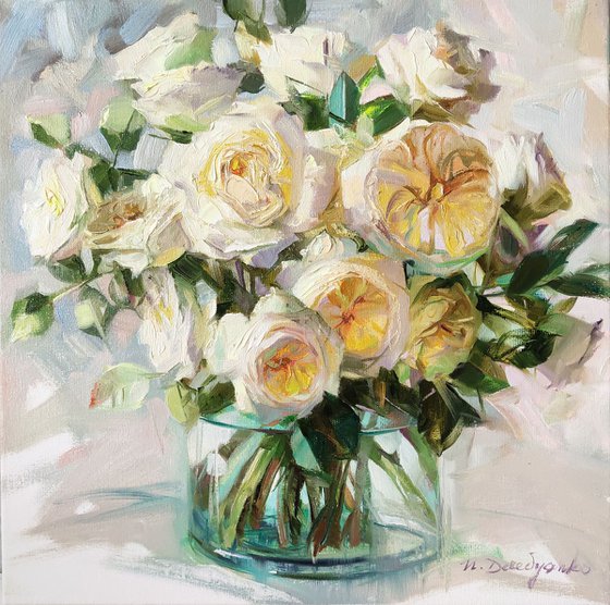 White roses art, Oil painting rose, Impressionist flowers art painting, Rose in glass still life, Anniversary gift for her, Bouquet rose art