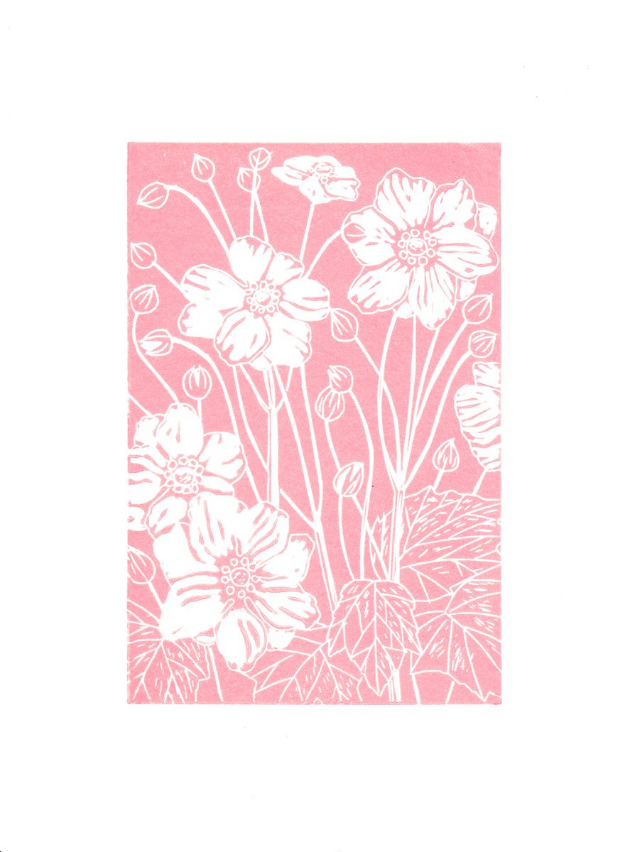 Illustrative Linocut , Japanese Anemones - Pink By Rory O - ?neill, 7 X 9, Artwork For Sale On Artfinder