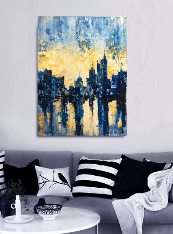 "Sunny rain" abstract painting , evening city