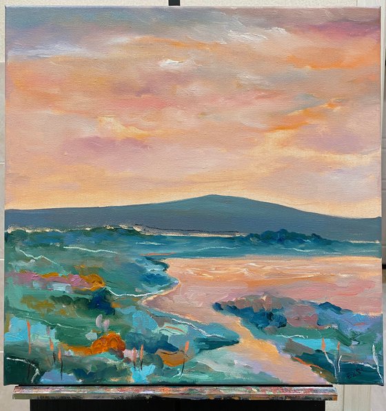 Sunset by the lake II — contemporary landscape with optimistic and positive energy on stretched canvas