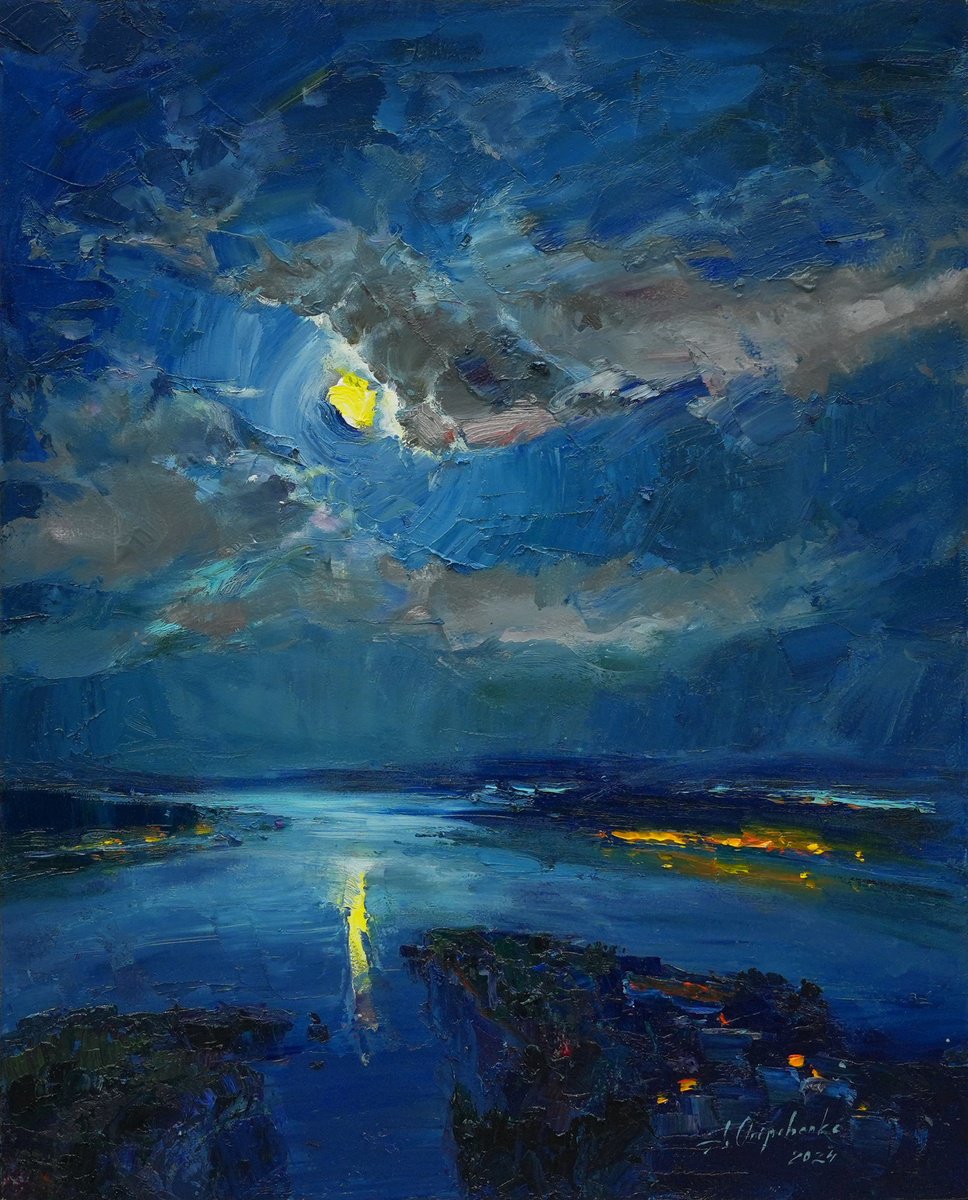 Impressionistic Landscape Oil Painting By Alisa Onipchenko-Cherniakovska, 16 X 20, Moon Night In Blue, Original Artwork