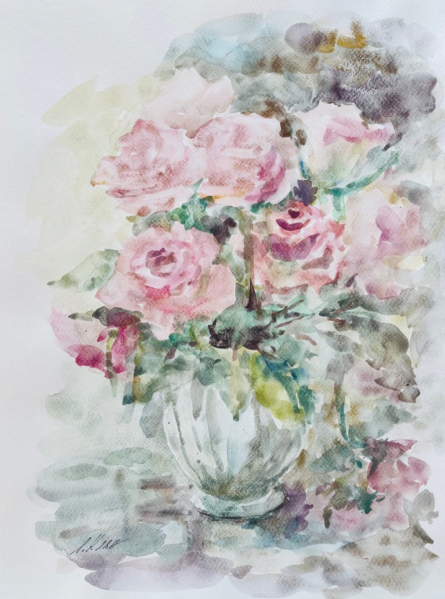 Impressionistic Botanical Watercolour By Elena Klyan, 12 X 16, Roses 2023, Original Artwork
