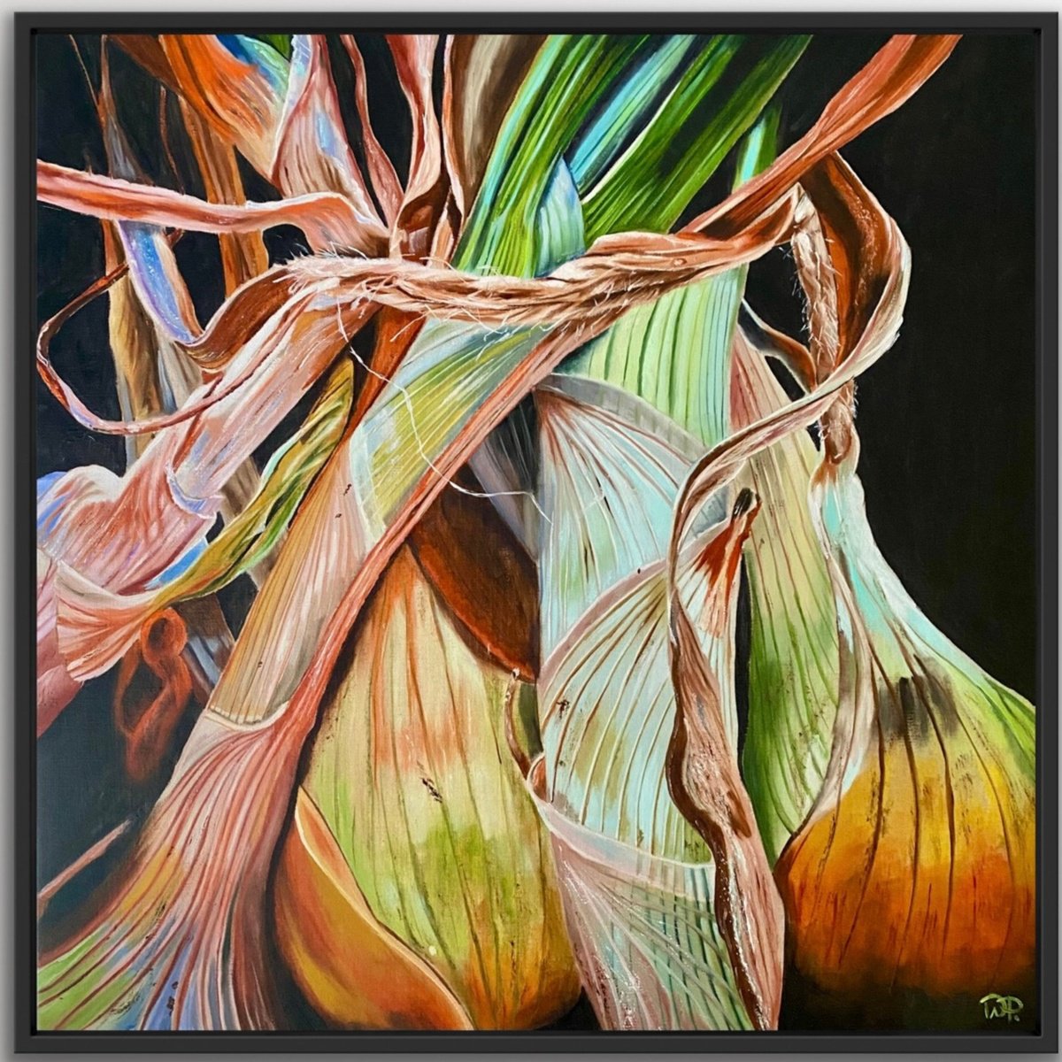 Organic Still Life Oil Painting By Wendy Peters, 25 X 25", Les Oignons, Original Artwork