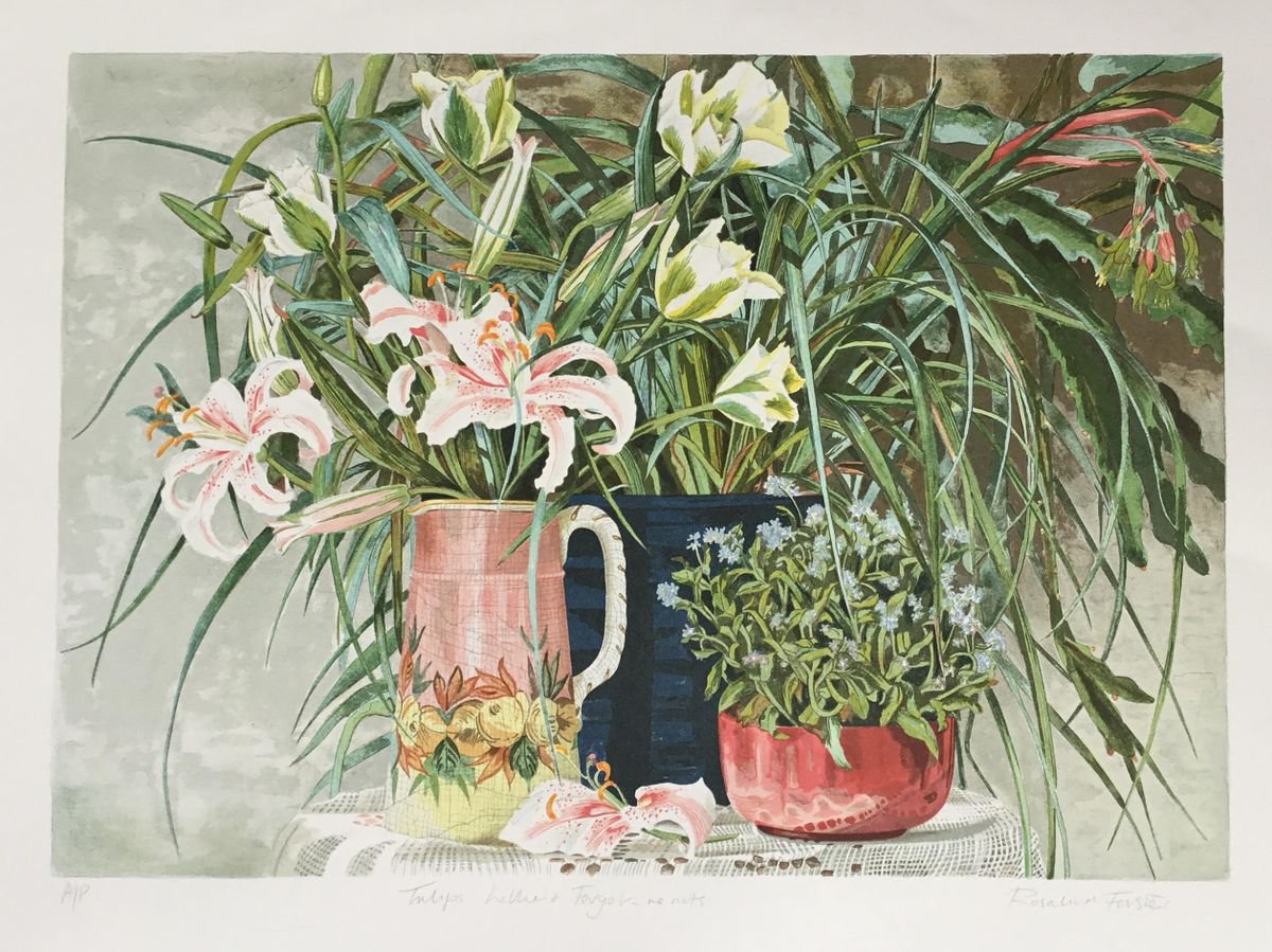 Tulips, Lillies and Forget -me -nots by Rosalind Forster