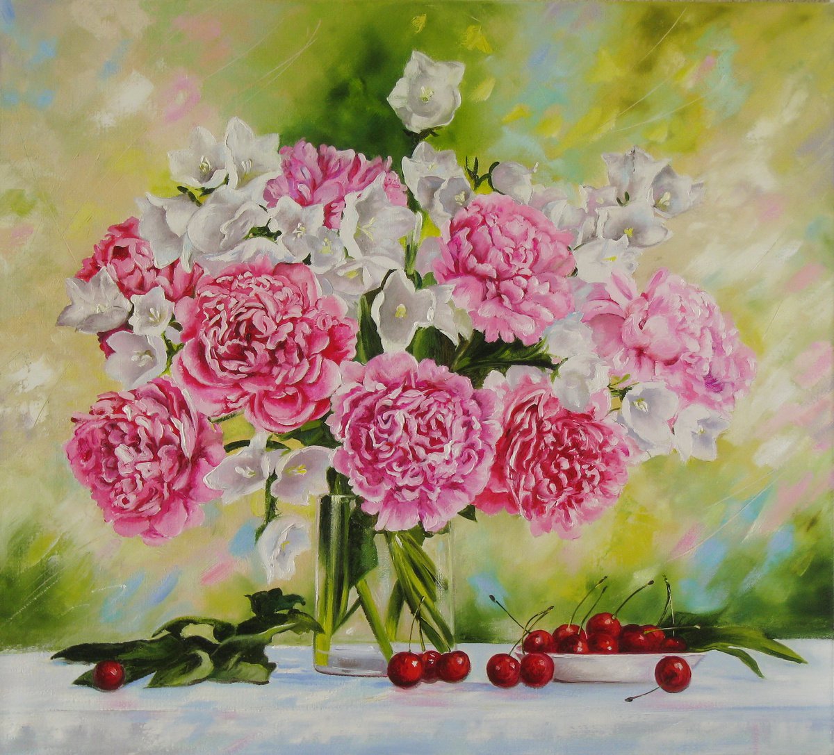 Impressionistic Botanical Oil Painting By Natalia Shaykina, 20 X 18", Peony Bells Flower, Original Artwork