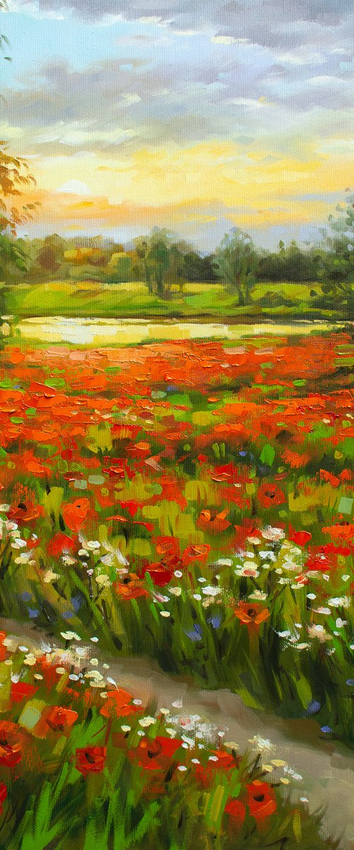Poppy Field (Modern Impressionistic Landscape Oil Painting, Gift for nature lovers) by Yaroslav Sobol