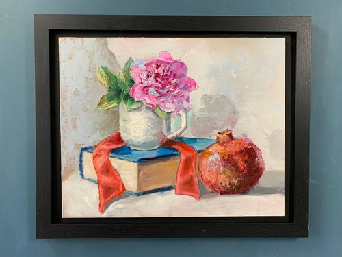 Teacups, Peony flower, Books and pomegranate. by Vita Schagen