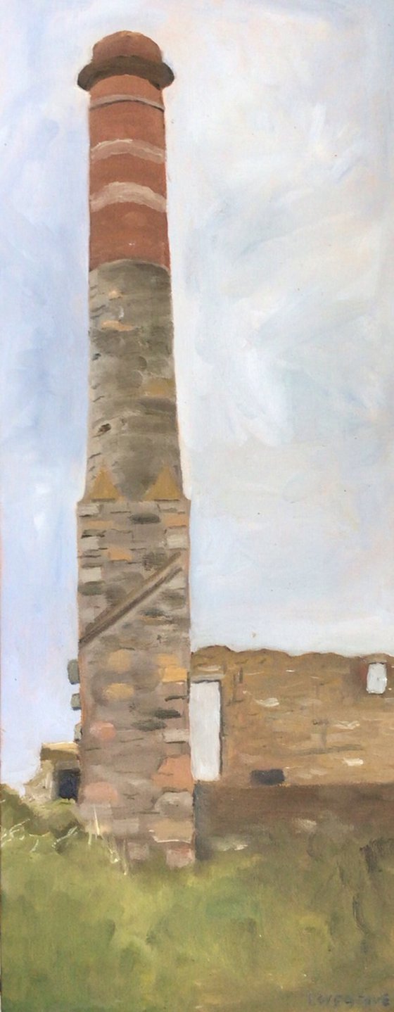 A chimney at the Levant mine in Cornwall. Oil painting