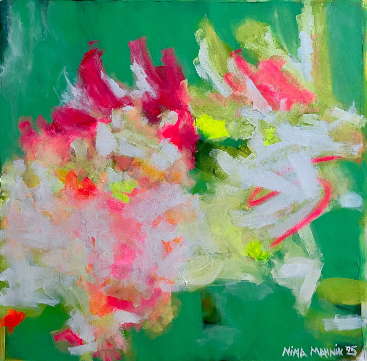 Abstract Acrylic Painting By Nina Mahnik, 39 X 39", Kermit Partying All Night Long, Original Artwork