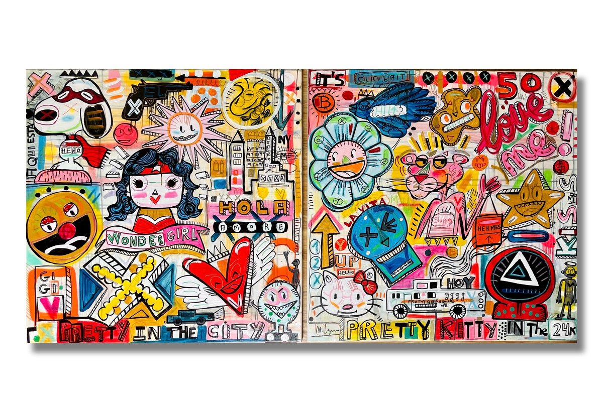 Urban And Pop Portrait Acrylic Painting By Mercedes Lagunas, 63 X 31", Pretty Kitty, Original Artwork