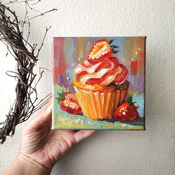 Strawberry Cupcake. Oil Painting.
