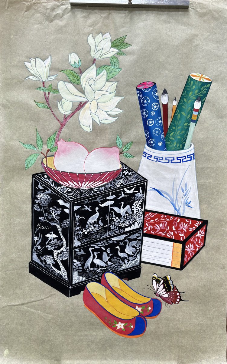 Still Life Painting By Sun-Hee Jung, 18 X 28", Magnolia And Shoes, Original Artwork