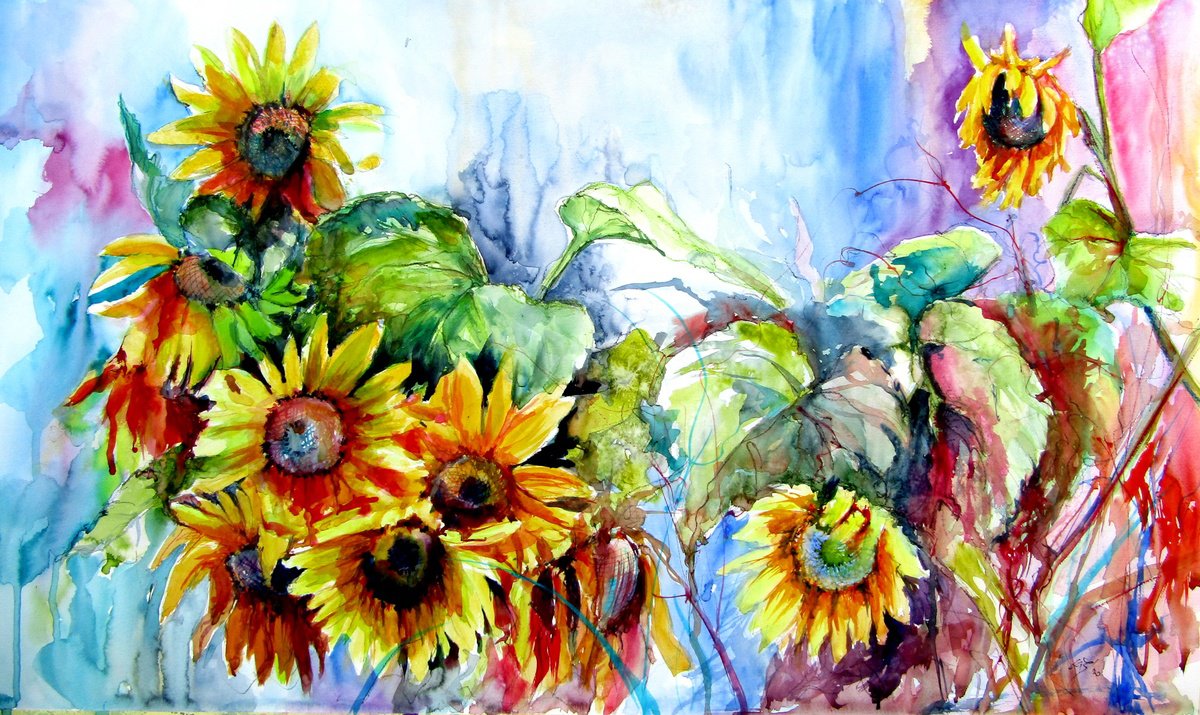 Impressionistic Watercolour , Colorful Life With Sunflowers By Kovacs Anna Brigitta, 32 X 20, Artwork For Sale On Artfinder