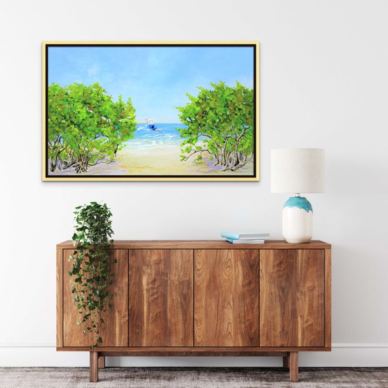 COASTAL PARADISE. SANIBEL ISLAND BEACH. Tropical Island Seascape Painting of Florida Beach and Fishing Boat.