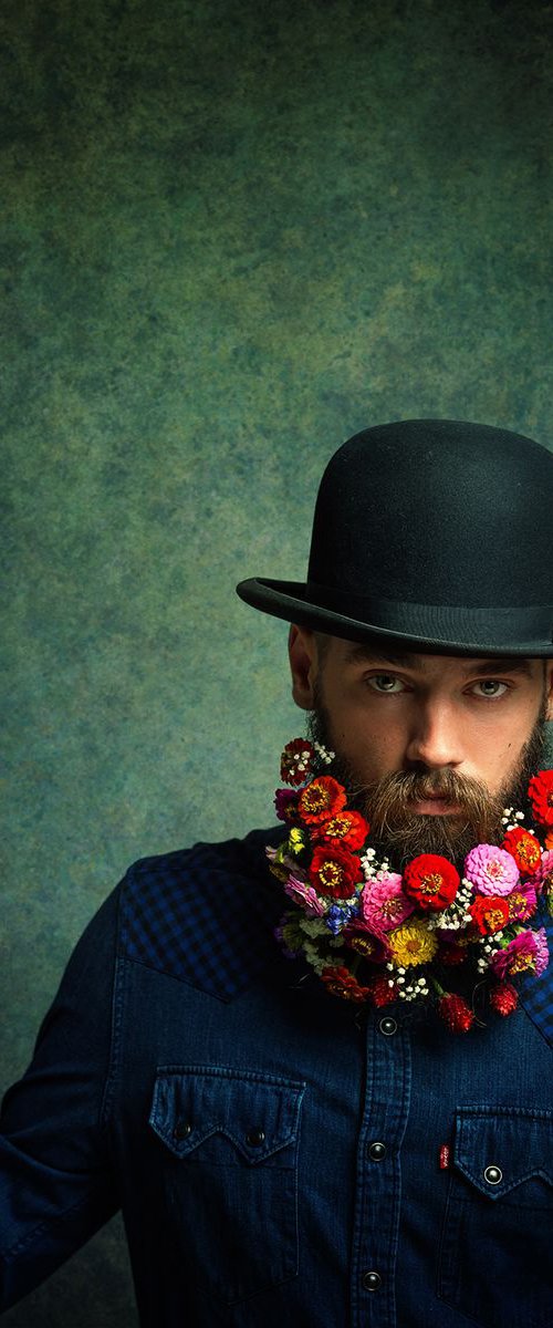 Flower Power - Portrait of a flower bearded male by Peter Zelei