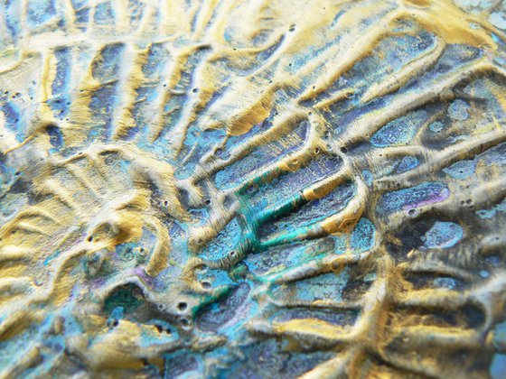 Fossil #4 (ammonite textured painting with gold highlights ) Framed ready to hang original