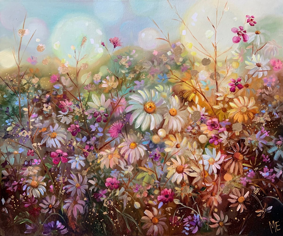 Impressionistic Botanical Oil Painting By Olena Hontar, 24 X 20", Chamomile Summer, Original Artwork