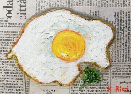 "Egg on Newspaper" Original Painting Food Art 7 by 5"  (18x13 cm) by Katia Ricci