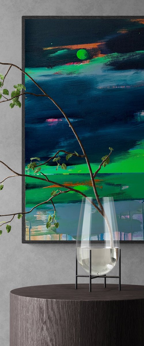 "Before the rain" - Expressionism - Minimalism - Seascape - Landscape - Dark blue - Bright green by Yaroslav Yasenev
